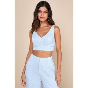 Lulus Chic And Sophisticated Light Blue Tweed Cropped Tank Top - Size XS